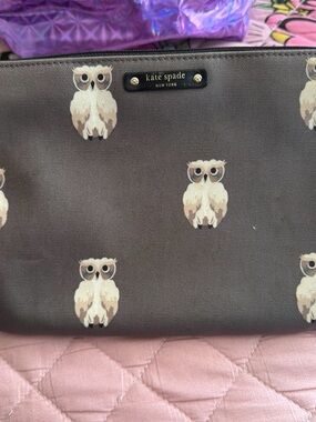 kate spade Canvas Clutch with Owl Print - Taupe and Cream Accents